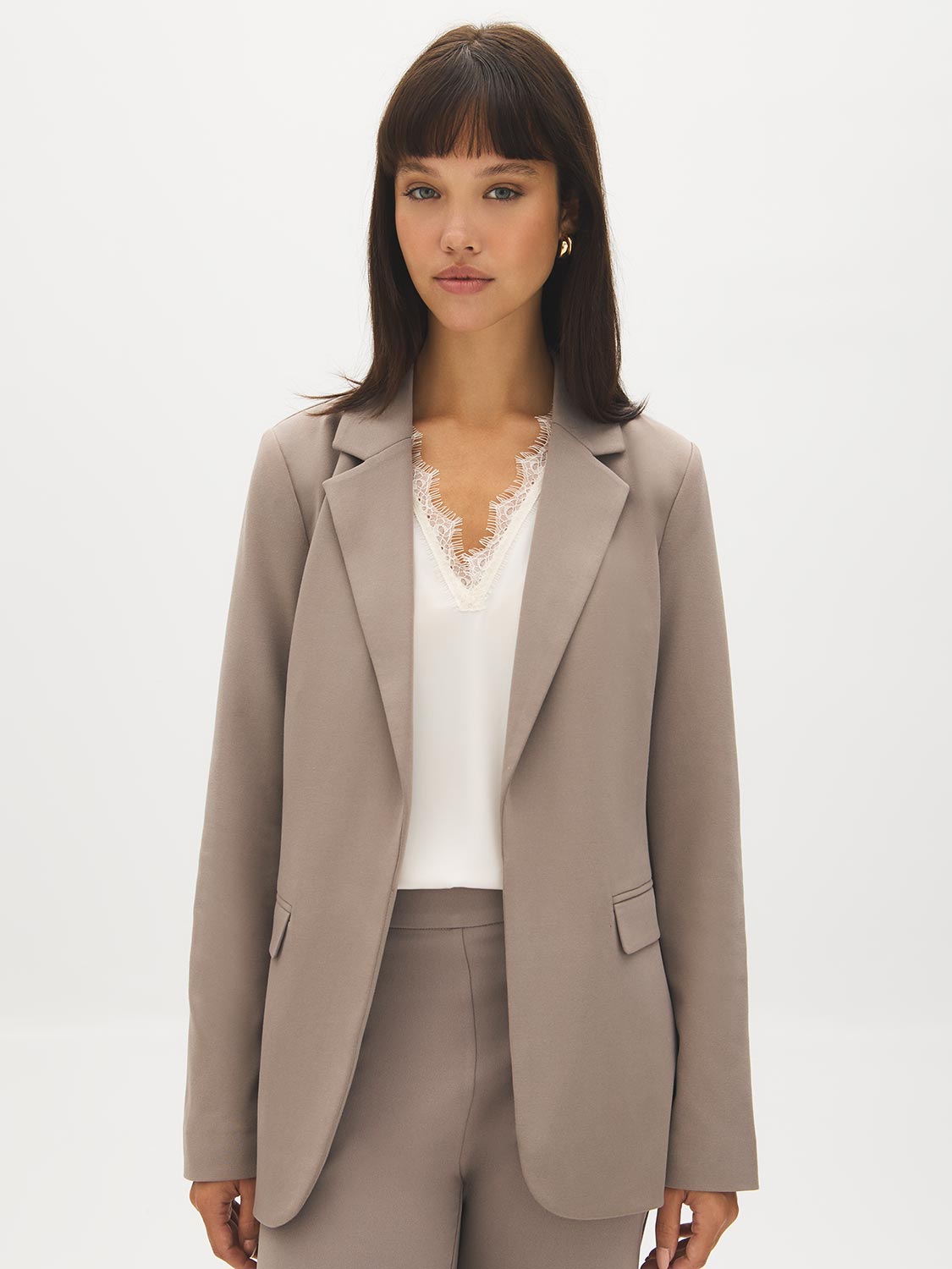 Lt Grey Open-Front Blazer with Stripe Cuff Detail - Woman Wearing Tailored Knit Blazer - Suzy Shier