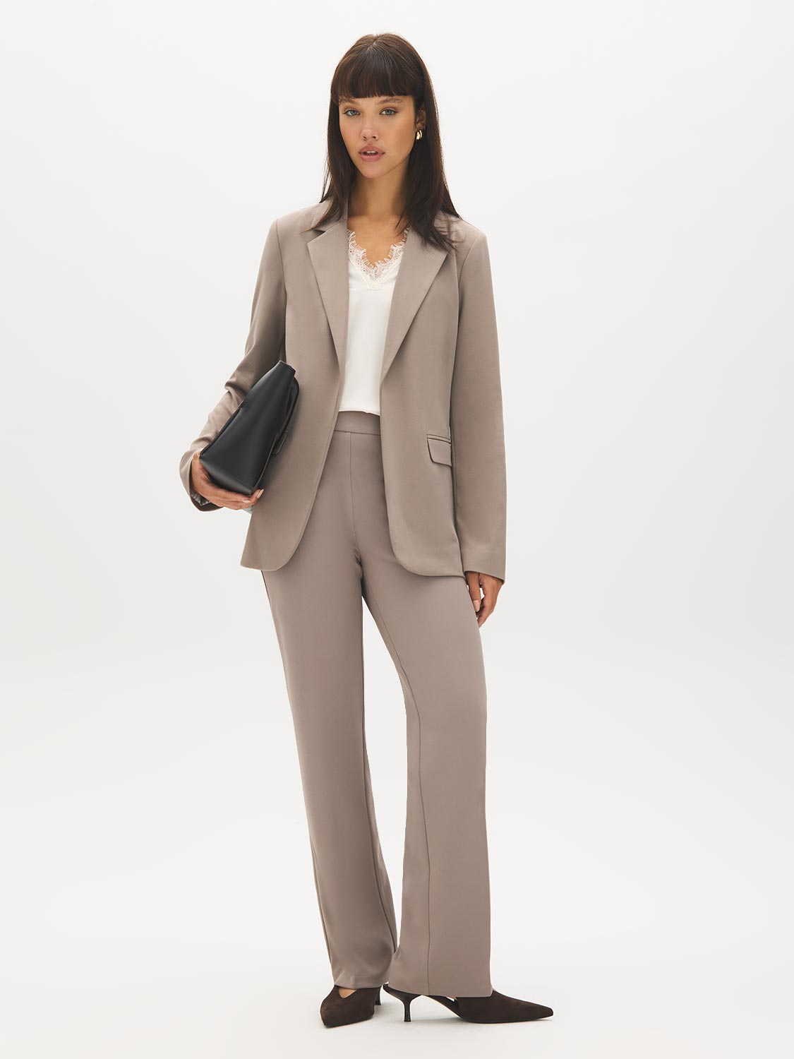 Lt Grey Open-Front Blazer with Stripe Cuff Detail - Woman Wearing Tailored Knit Blazer - Suzy Shier