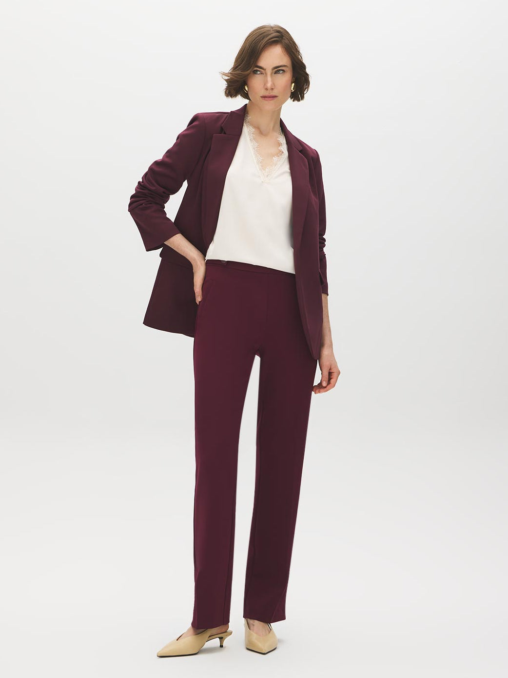 Merlot Open-Front Blazer with Stripe Cuff Detail - Woman Wearing Tailored Knit Blazer - Suzy Shier