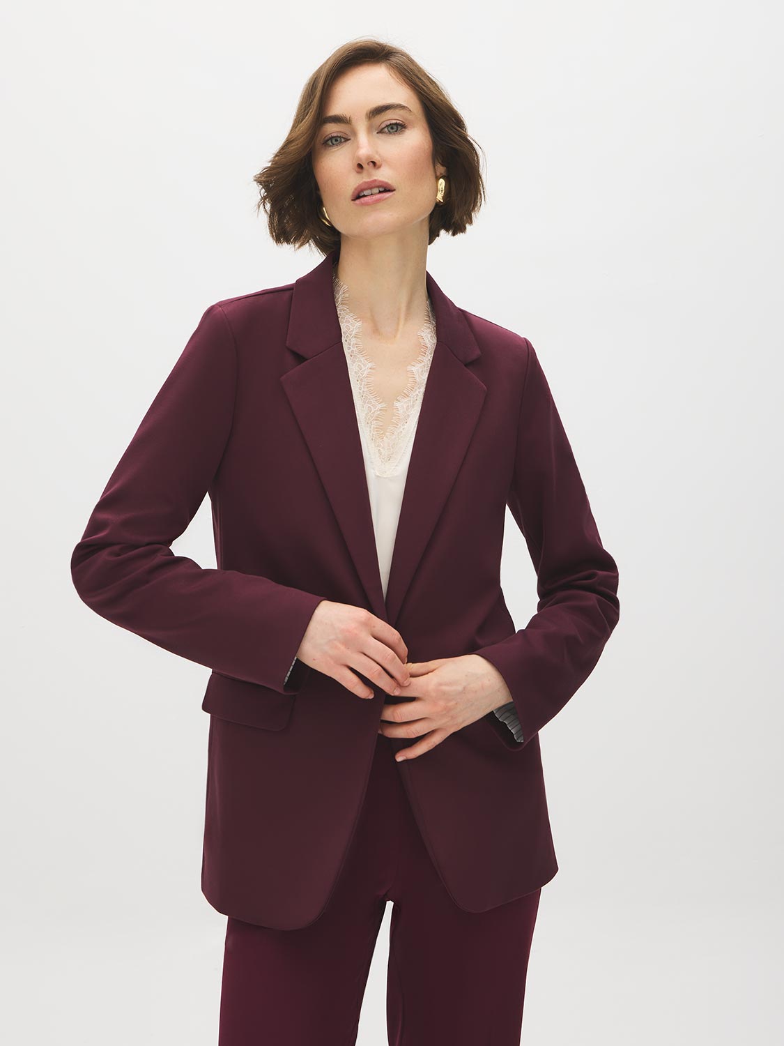 Merlot Open-Front Blazer with Stripe Cuff Detail - Woman Wearing Tailored Knit Blazer - Suzy Shier