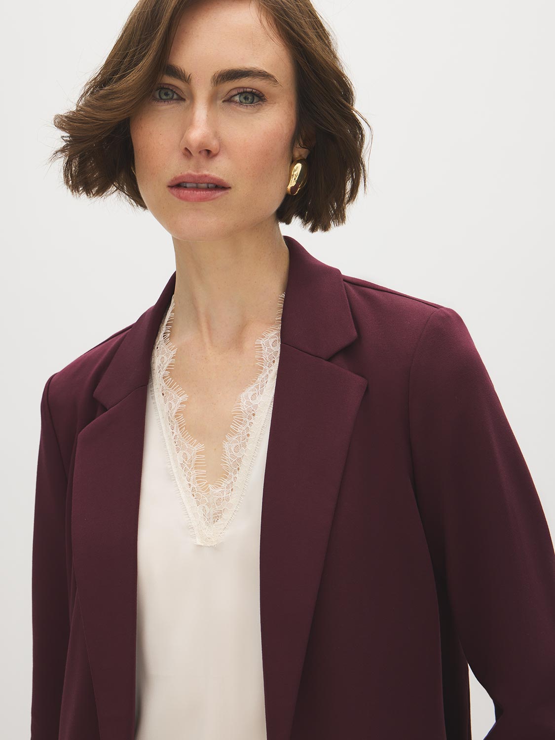 Merlot Open-Front Blazer with Stripe Cuff Detail - Woman Wearing Tailored Knit Blazer - Suzy Shier