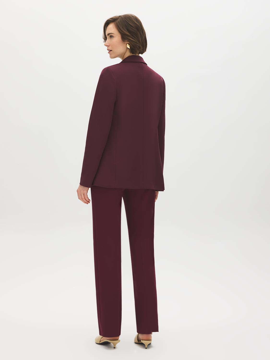 Merlot Open-Front Blazer with Stripe Cuff Detail - Woman Wearing Tailored Knit Blazer - Suzy Shier