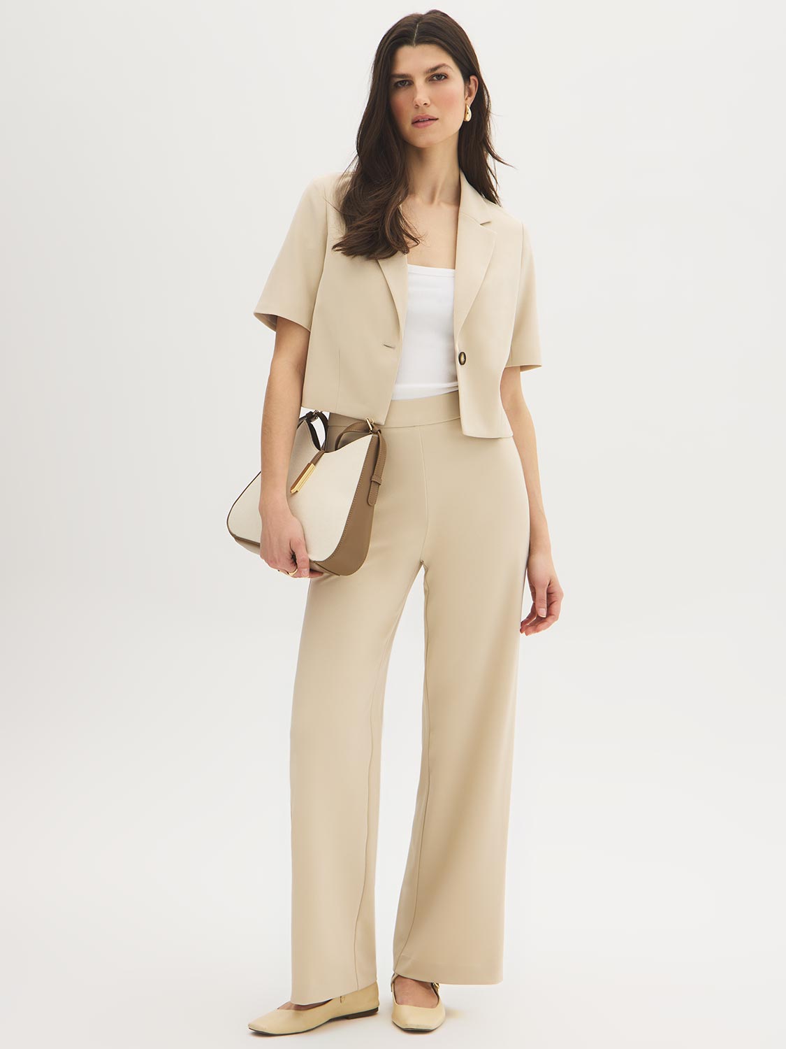 Dark Sapphire Cropped Short Sleeve Blazer - Woman Wearing Fitted Blazer with Notch Collar - Suzy Shier