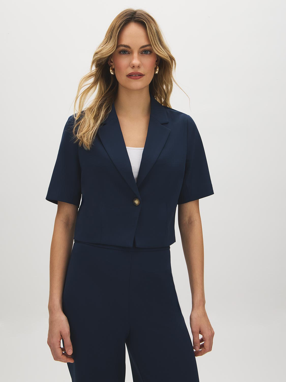Dark Sapphire Cropped Short Sleeve Blazer - Woman Wearing Fitted Blazer with Notch Collar - Suzy Shier