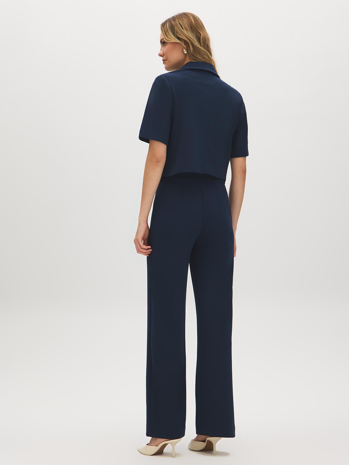 Dark Sapphire Cropped Short Sleeve Blazer - Woman Wearing Fitted Blazer with Notch Collar - Suzy Shier