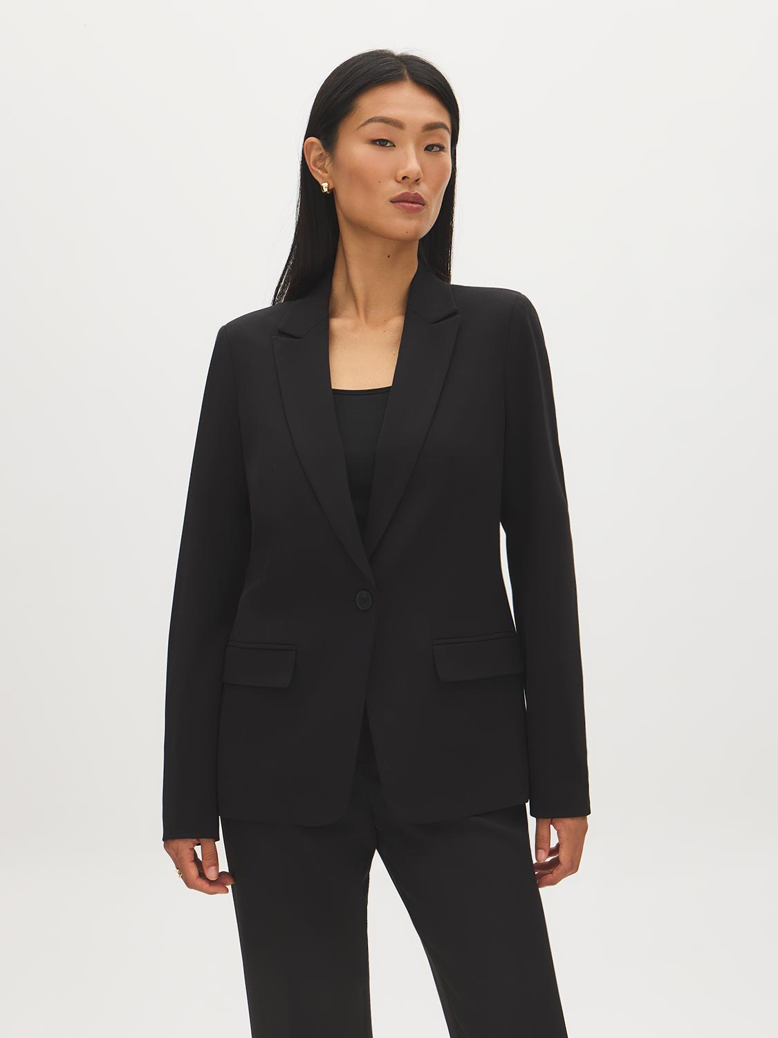 Black Single-Button Woven Blazer - Woman Wearing Tailored Blazer - Suzy Shier