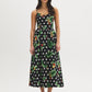 Jet Black Tropical Print Cotton Midi Dress - Woman Wearing Fitted Upper Dress with Full Skirt - Suzy Shier