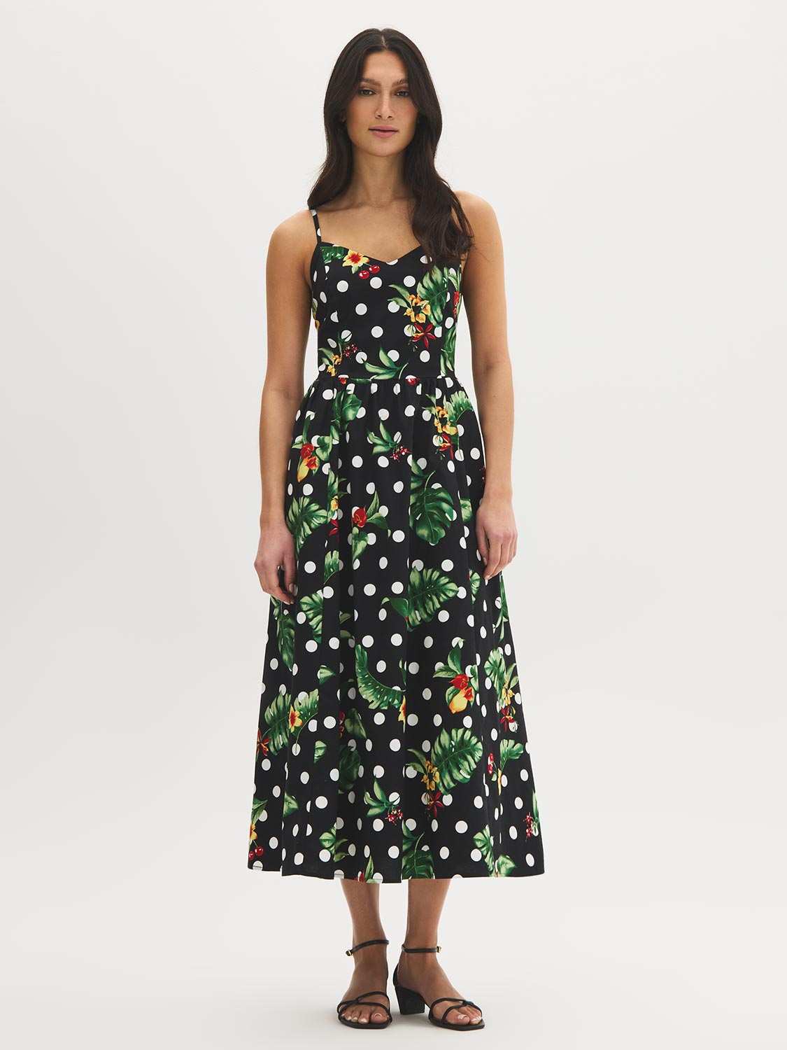 Jet Black Tropical Print Cotton Midi Dress - Woman Wearing Fitted Upper Dress with Full Skirt - Suzy Shier