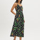 Jet Black Tropical Print Cotton Midi Dress - Woman Wearing Fitted Upper Dress with Full Skirt - Suzy Shier