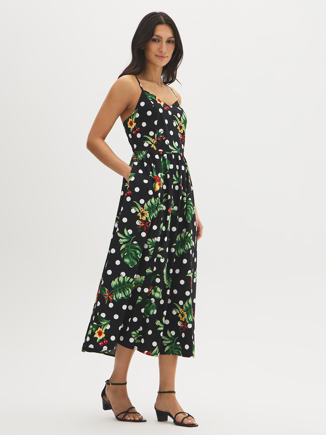 Jet Black Tropical Print Cotton Midi Dress - Woman Wearing Fitted Upper Dress with Full Skirt - Suzy Shier