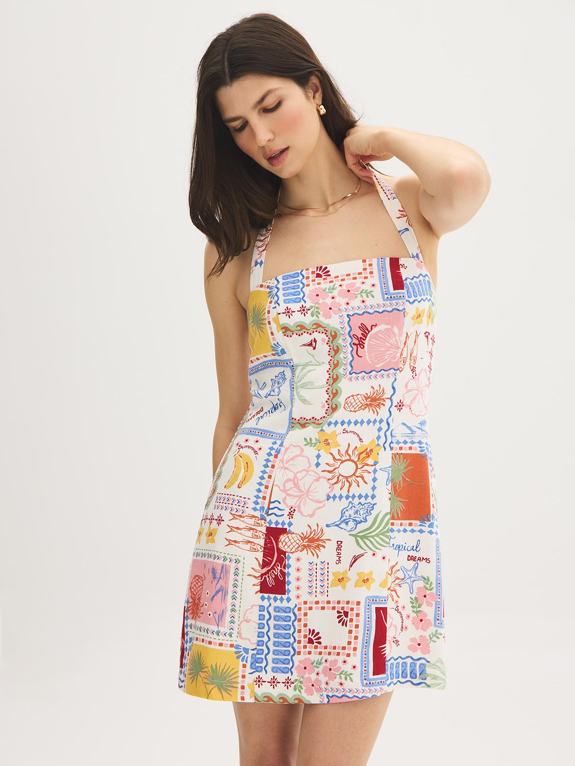 Snow White Conversational Print Halter Mini Dress - Woman Wearing Printed Linen Blend Dress - Suzy Shier