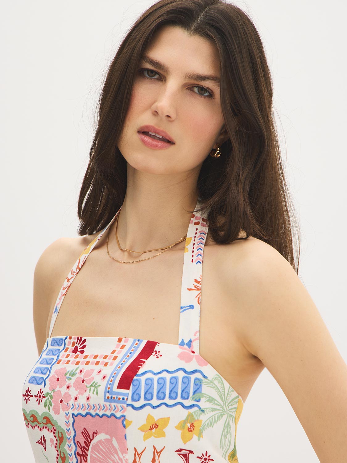 Snow White Conversational Print Halter Mini Dress - Woman Wearing Printed Linen Blend Dress - Suzy Shier