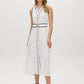 Snow White/Black Dot Print Midi Shirt Dress - Woman Wearing Sleeveless Dress with Sash - Suzy Shier
