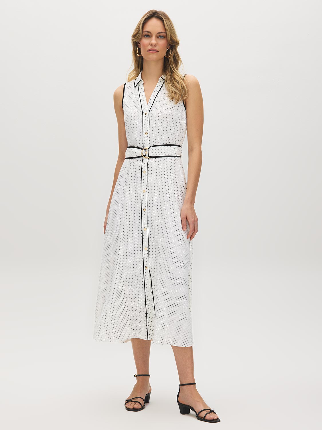 Snow White/Black Dot Print Midi Shirt Dress - Woman Wearing Sleeveless Dress with Sash - Suzy Shier
