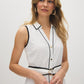 Snow White/Black Dot Print Midi Shirt Dress - Woman Wearing Sleeveless Dress with Sash - Suzy Shier