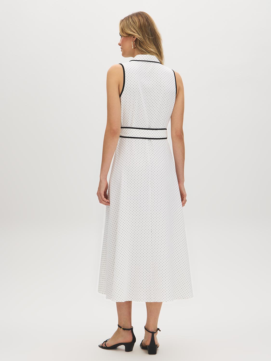 Snow White/Black Dot Print Midi Shirt Dress - Woman Wearing Sleeveless Dress with Sash - Suzy Shier