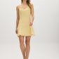 Banana Crepe Ditsy Print Chiffon Mini Dress - Woman Wearing V-Neck Dress with Adjustable Straps - Suzy Shier