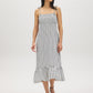 Snow White Black Stripe Empire Waist Midi Dress - Woman Wearing Striped Dress with Ruffle Hem - Suzy Shier