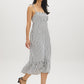 Snow White Black Stripe Empire Waist Midi Dress - Woman Wearing Striped Dress with Ruffle Hem - Suzy Shier