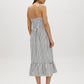 Snow White Black Stripe Empire Waist Midi Dress - Woman Wearing Striped Dress with Ruffle Hem - Suzy Shier