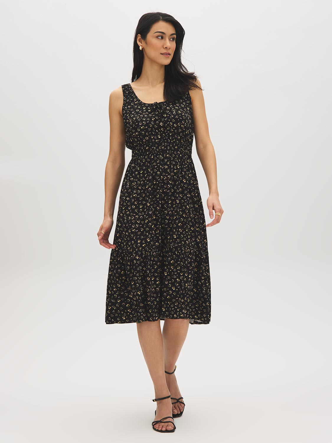 Jet Black Ditsy Print Tiered Dress - Woman Wearing Scoop Neck Dress with Tie Detail - Suzy Shier