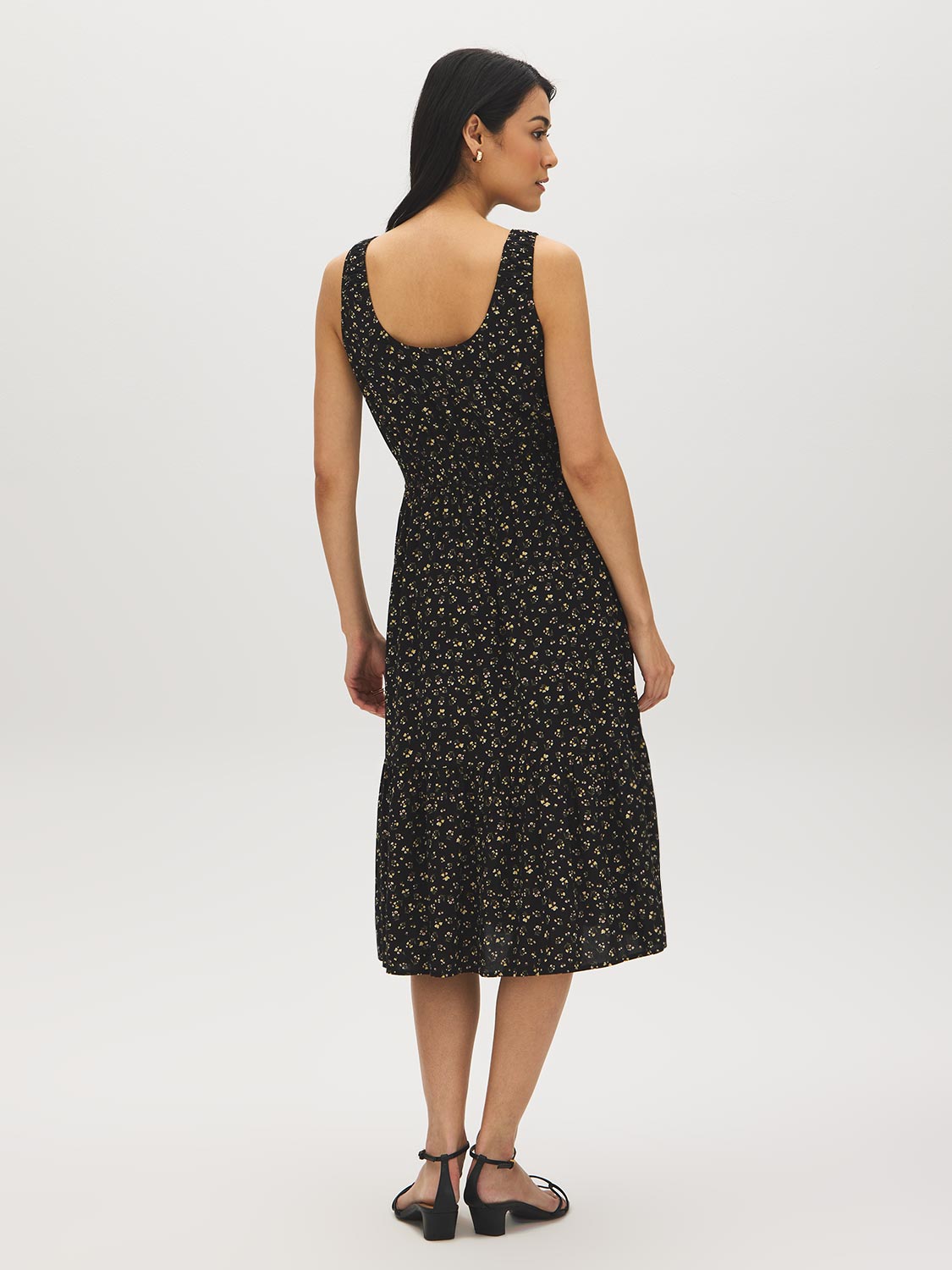Jet Black Ditsy Print Tiered Dress - Woman Wearing Scoop Neck Dress with Tie Detail - Suzy Shier
