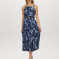 Naval Blue Floral Print Flowy Midi Dress - Woman Wearing Square Neck Dress with PU Belt - Suzy Shier