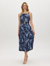Naval Blue Floral Print Flowy Midi Dress - Woman Wearing Square Neck Dress with PU Belt - Suzy Shier