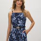 Naval Blue Floral Print Flowy Midi Dress - Woman Wearing Square Neck Dress with PU Belt - Suzy Shier