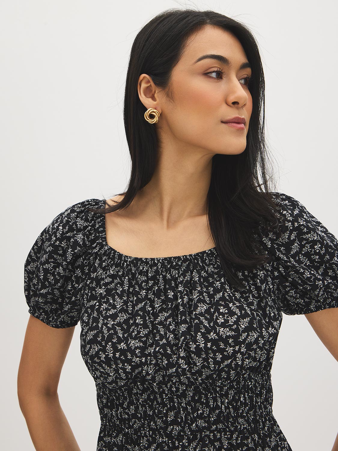 Jet Black Ditsy Print Square Neck Mini Dress - Woman Wearing Playful Tiered Dress - Suzy Shier