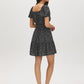Jet Black Ditsy Print Square Neck Mini Dress - Woman Wearing Playful Tiered Dress - Suzy Shier
