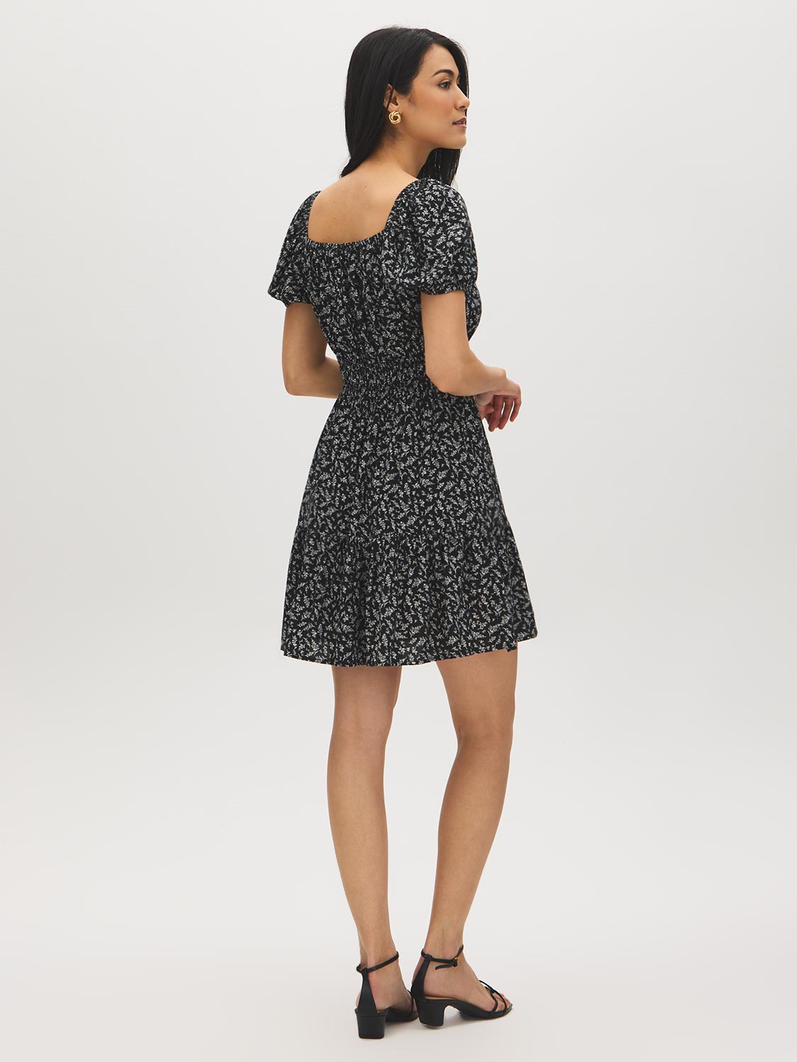 Jet Black Ditsy Print Square Neck Mini Dress - Woman Wearing Playful Tiered Dress - Suzy Shier
