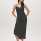 Black/White Dots Print Flowy Slip Dress - Woman Wearing V-Neck Midi Dress - Suzy Shier