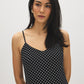 Black/White Dots Print Flowy Slip Dress - Woman Wearing V-Neck Midi Dress - Suzy Shier