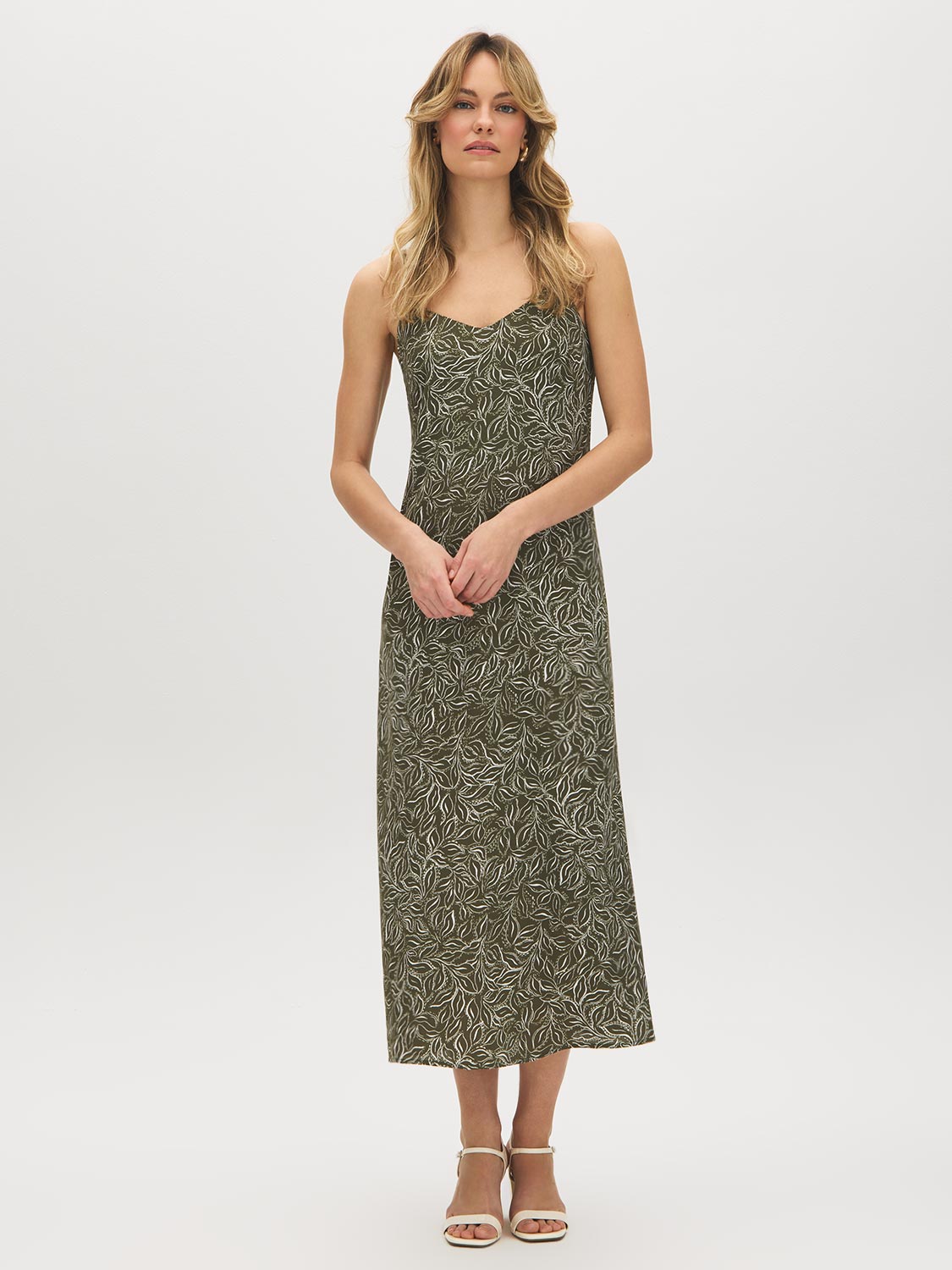 Kalamata Leaf Print Flowy Slip Dress - Woman Wearing Flowy Midi Dress - Suzy Shier