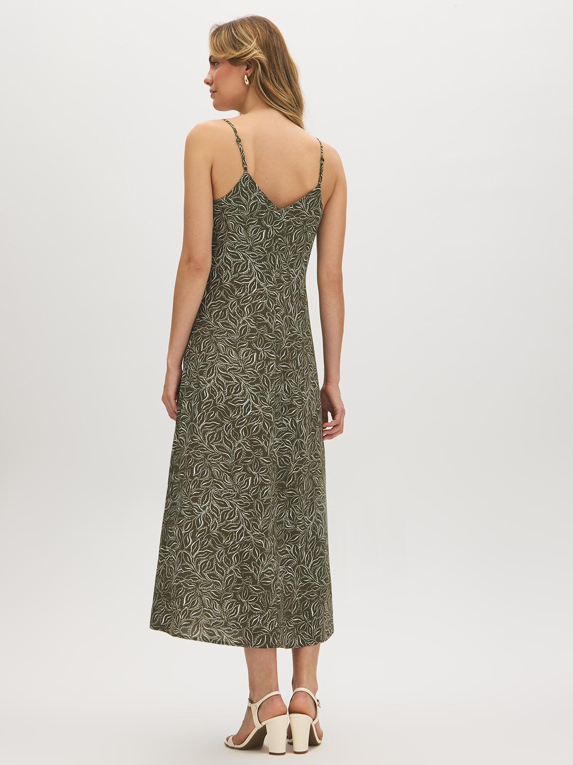 Kalamata Leaf Print Flowy Slip Dress - Woman Wearing Flowy Midi Dress - Suzy Shier