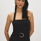 Black Halter Neck Knit Jumpsuit - Woman Wearing Elegant One-Piece with Self-Belt - Suzy Shier