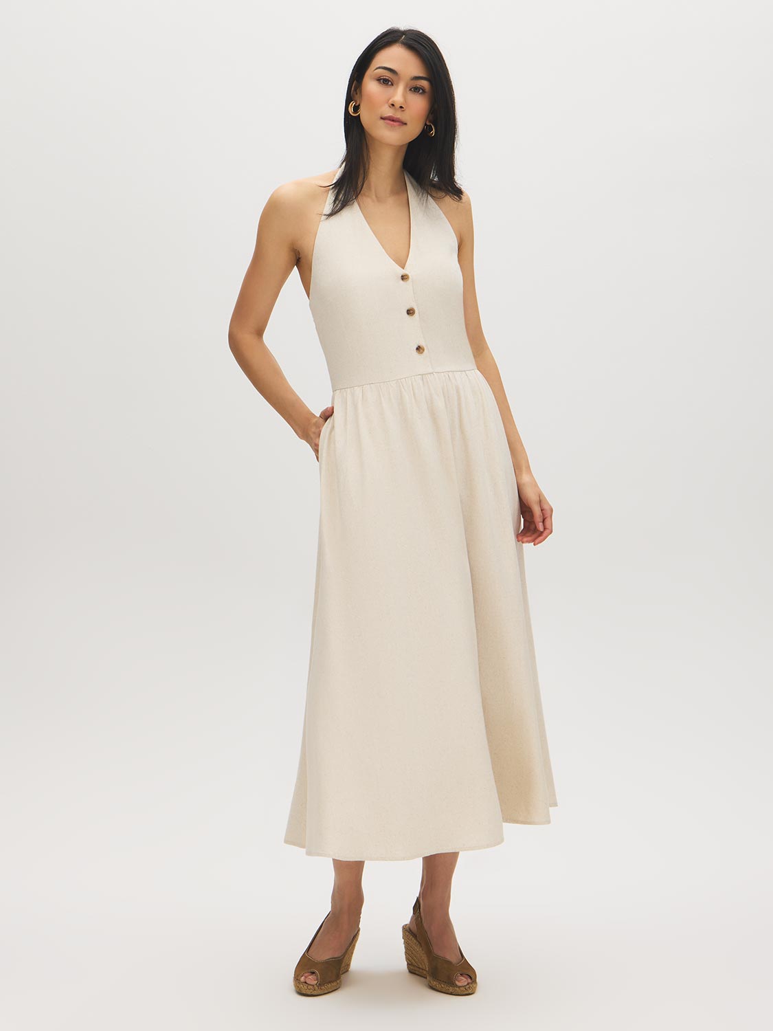 Natural Halter Linen-Blend Midi Dress - Woman Wearing Relaxed Fit Midi Dress - Suzy Shier