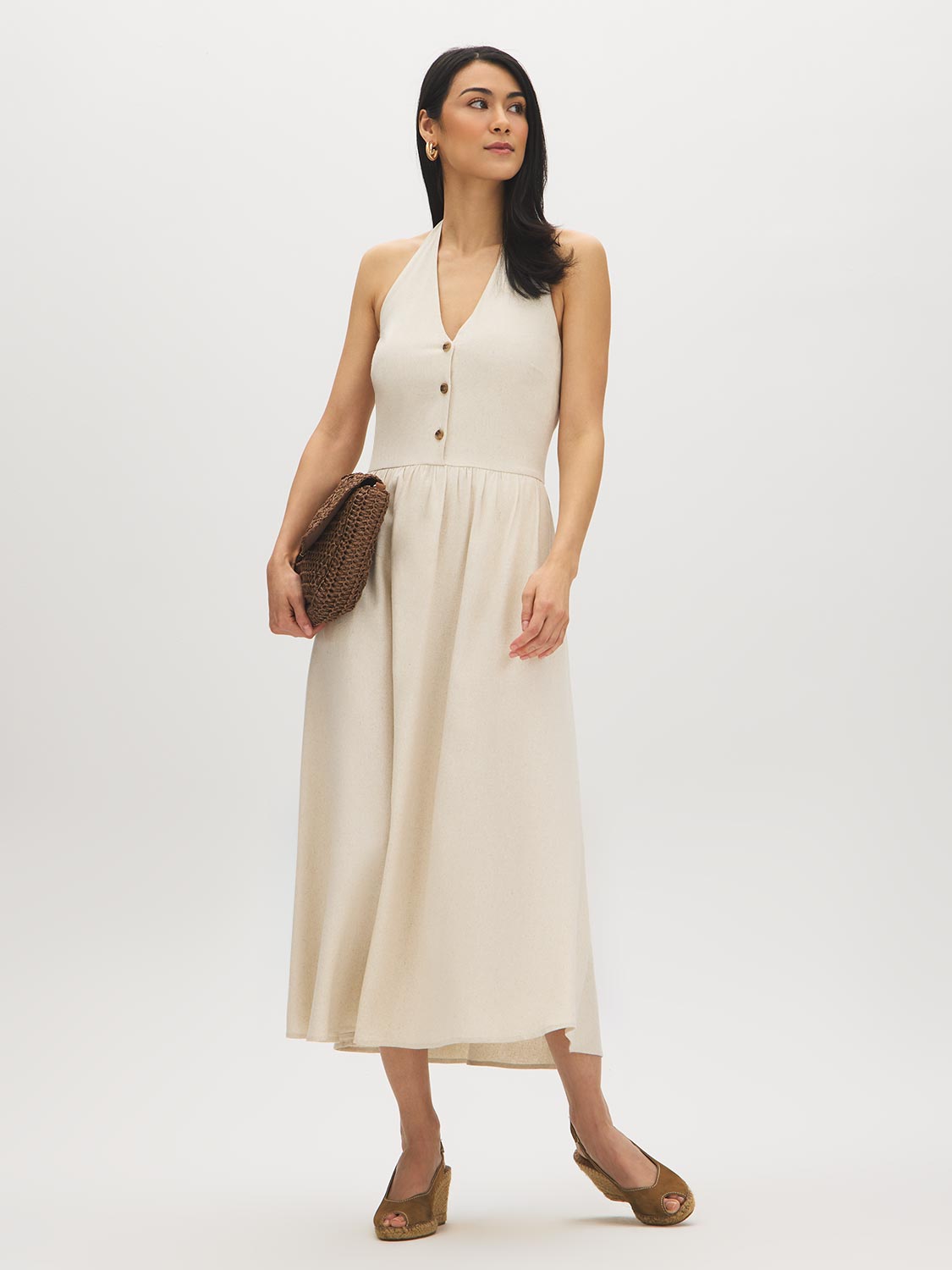 Natural Halter Linen-Blend Midi Dress - Woman Wearing Relaxed Fit Midi Dress - Suzy Shier