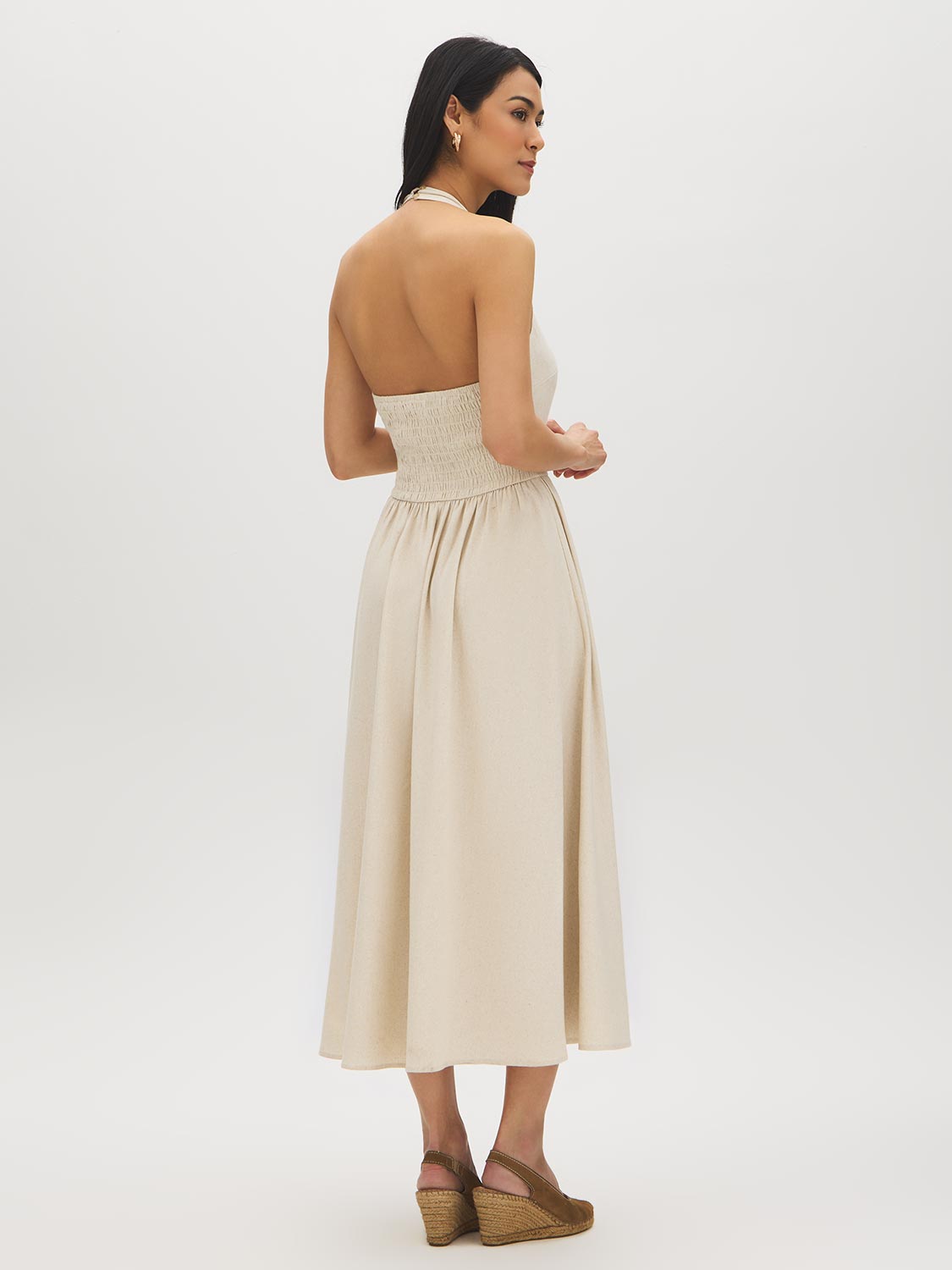 Natural Halter Linen-Blend Midi Dress - Woman Wearing Relaxed Fit Midi Dress - Suzy Shier