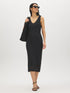Black Crochet-Like Fitted Midi Dress - Woman Wearing Knit Dress with V-Front and Wide Straps - Suzy Shier