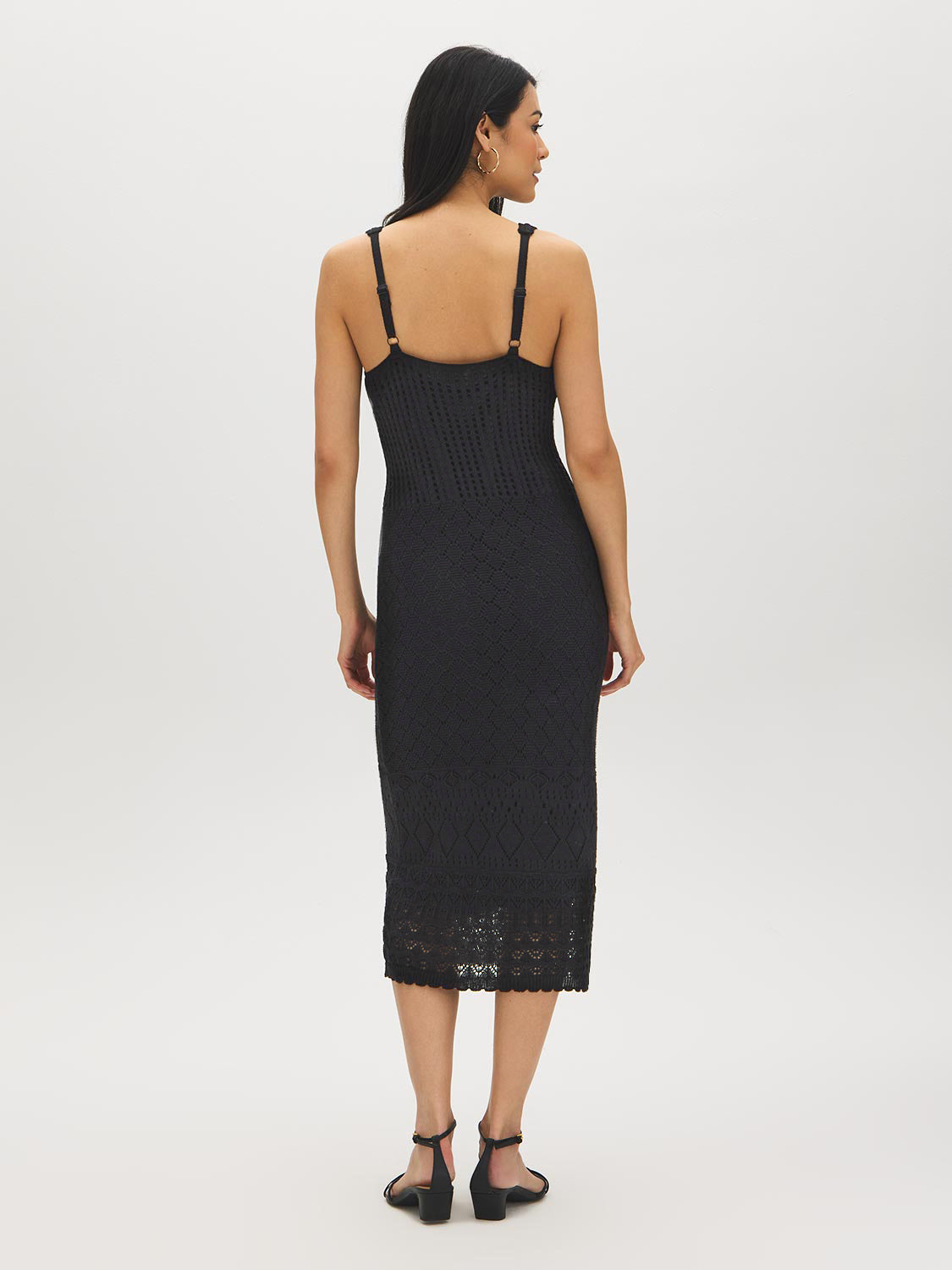 Black Crochet-Like Fitted Midi Dress - Woman Wearing Knit Dress with V-Front and Wide Straps - Suzy Shier