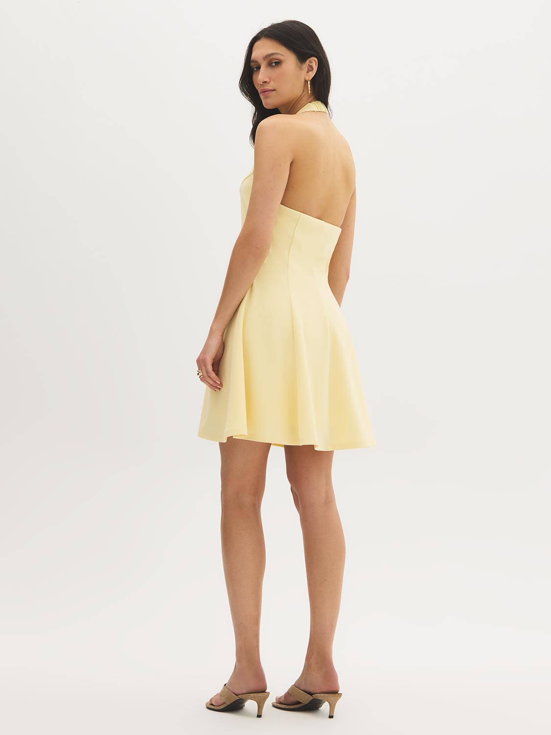Banana Crepe Solid Mini Halter Dress - Woman Wearing V-Front Halter Dress - Suzy Shier