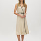 Sand Linen Blend Midi Dress with Piping - Woman Wearing Cross-Over Front Dress - Suzy Shier
