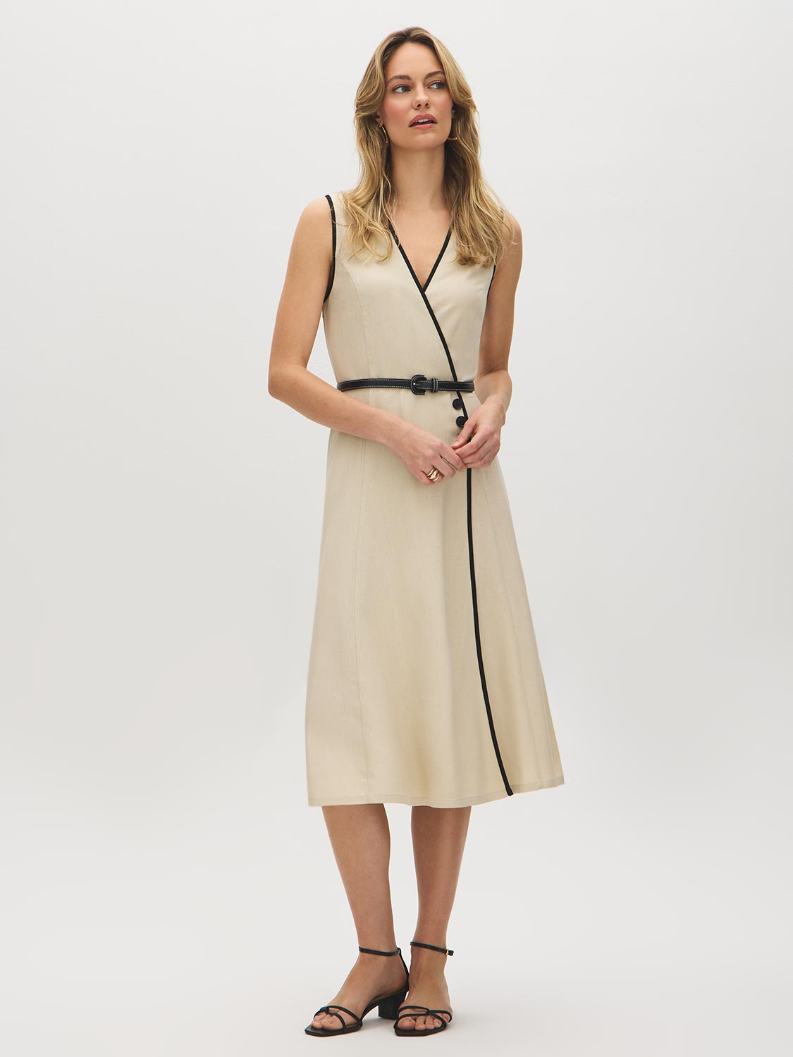 Sand Linen Blend Midi Dress with Piping - Woman Wearing Cross-Over Front Dress - Suzy Shier