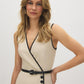 Sand Linen Blend Midi Dress with Piping - Woman Wearing Cross-Over Front Dress - Suzy Shier