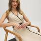 Sand Linen Blend Midi Dress with Piping - Woman Wearing Cross-Over Front Dress - Suzy Shier