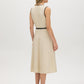 Sand Linen Blend Midi Dress with Piping - Woman Wearing Cross-Over Front Dress - Suzy Shier