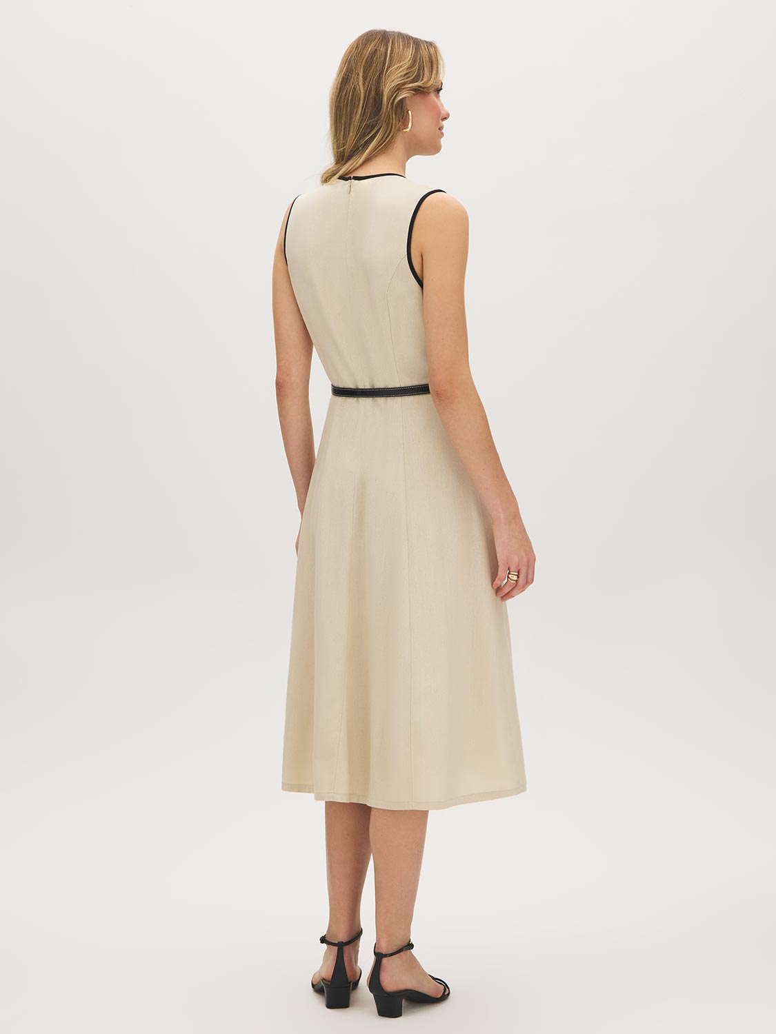Sand Linen Blend Midi Dress with Piping - Woman Wearing Cross-Over Front Dress - Suzy Shier