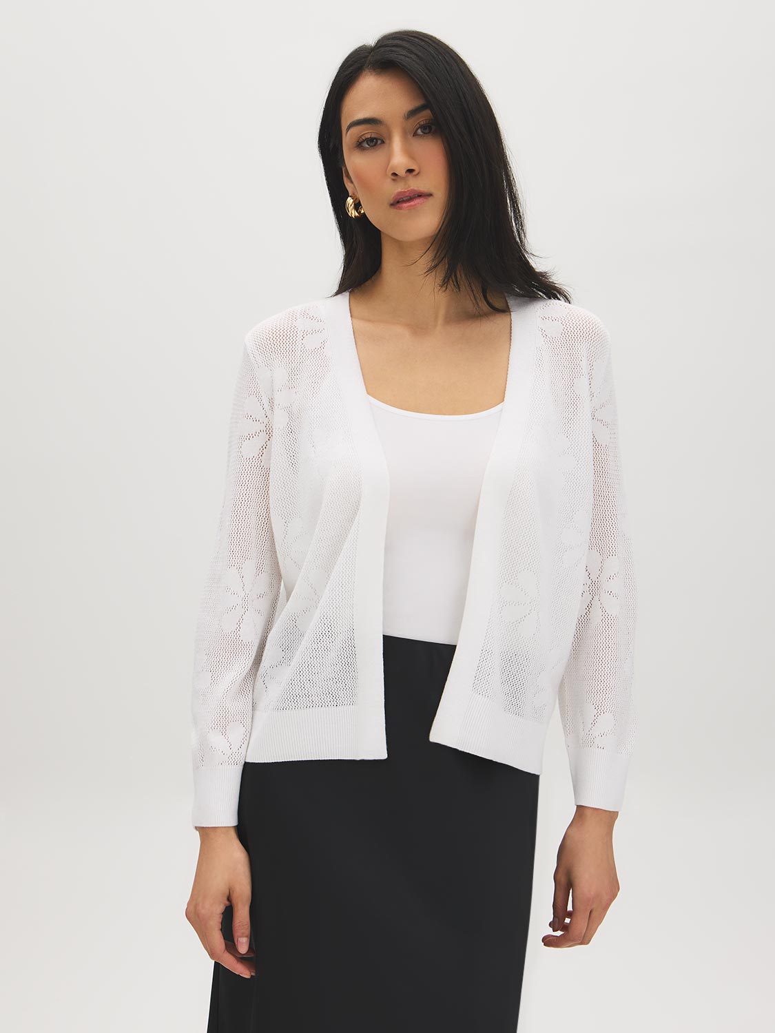 White Knit Crochet Open Cardigan Sweater - Woman Wearing Lightweight Layer - Suzy Shier